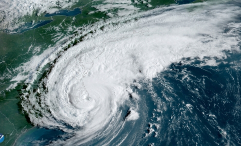 Hurricane Dorian made landfall over Cape Hatteras, N.C., at 8:35 a.m. EDT Friday, Sept. 6, 2019, with maximum sustained winds near 90 mph. NOAA’s GOES East captured this view of the strong Category 1 storm at 8:20 a.m. EDT, just 15 minutes before the center of the storm moved across the barrier islands. Credit: NOAA