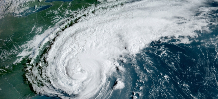 Hurricane Dorian made landfall over Cape Hatteras, N.C., at 8:35 a.m. EDT Friday, Sept. 6, 2019, with maximum sustained winds near 90 mph. NOAA’s GOES East captured this view of the strong Category 1 storm at 8:20 a.m. EDT, just 15 minutes before the center of the storm moved across the barrier islands. Credit: NOAA